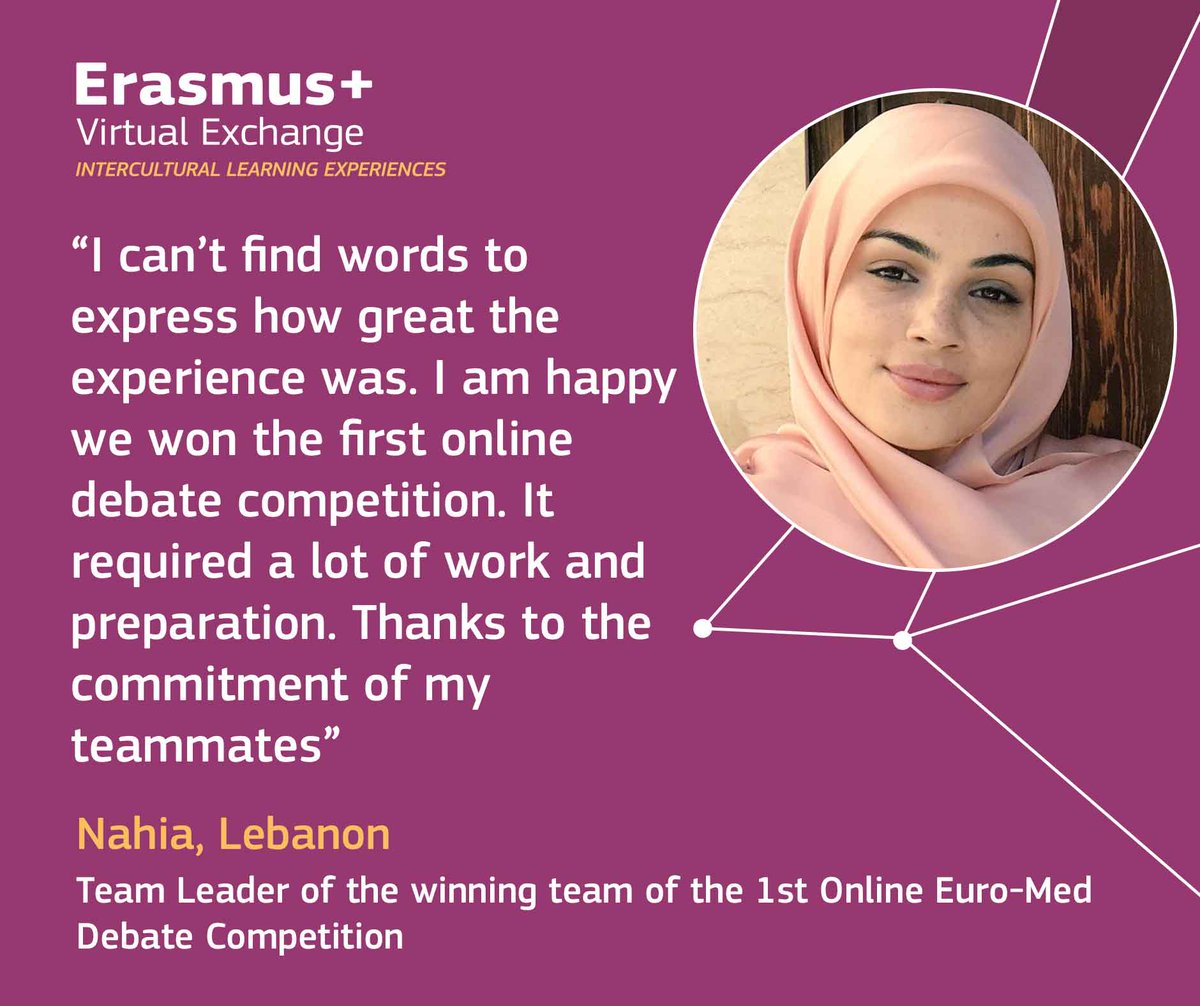 EUErasmusPlus's tweet photo. Nahia from ๐ฑ๐ง led her team to win the Erasmus+ Virtual Exchange #EuroMed Debate Competition ๐๐ป Thank you to all who participated! Find out more๐
https://t.co/RLb2pSZpNc #ErasmusVirtual https://t.co/e9mHCMROYd