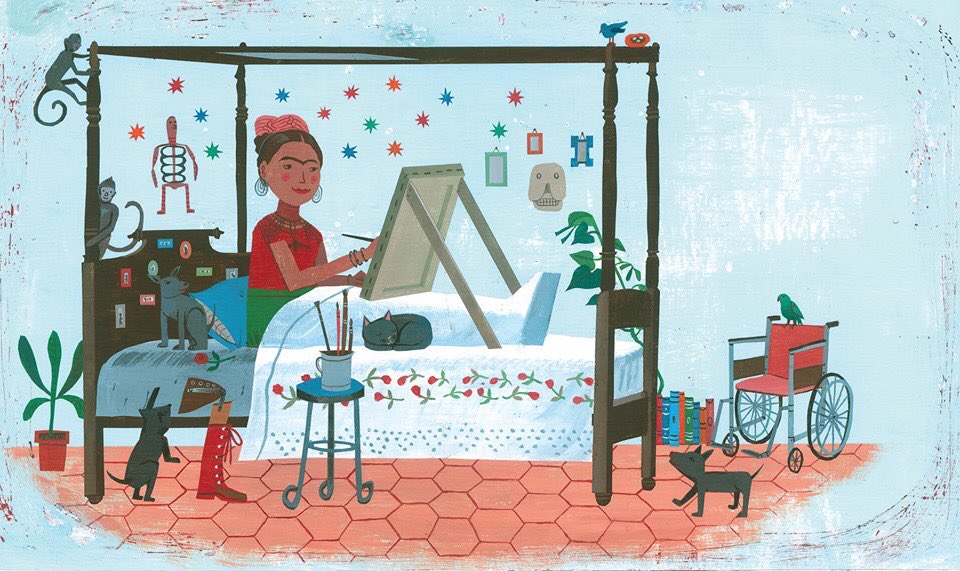 Honored to be part of the 2019 Carle Honors Art Auction benefit, bid now on a John Parra original: FRIDA PAINTS IN BED (acrylic on board) used in the award-winning picture book: FRIDA KAHLO AND HER ANIMALITOS (2017) e.givesmart.com/events/daa/i/ @carlemuseum #CarleHonors