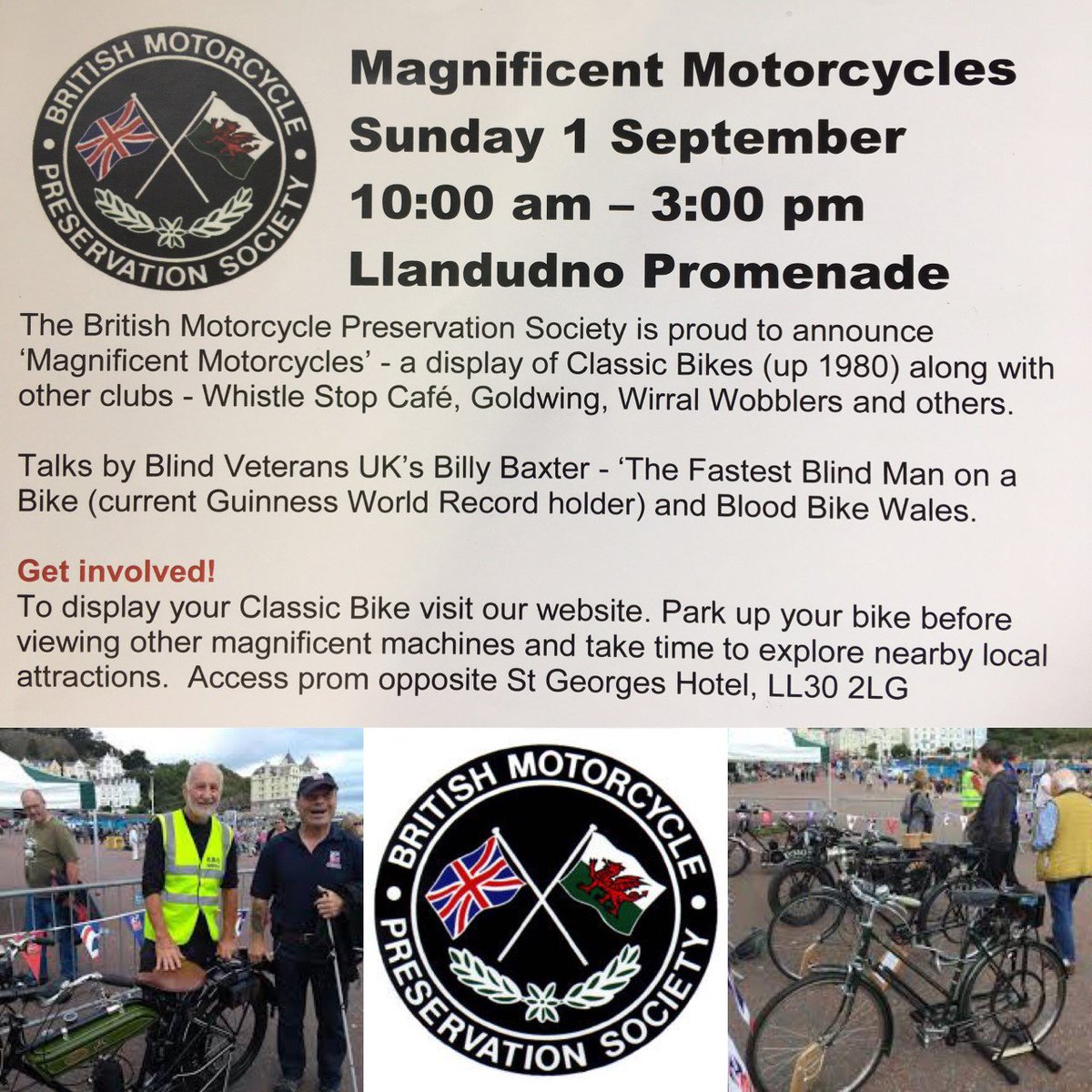 Date for your diary - Magnificent Motorcycles, Sunday, Sept 1st. Classic Bike display on the prom by The British Motorcycle Preservation Society. Talks by Billy Baxter, Guiness World Record holder for fastest blind man on a bike and Blood Bike Wales. Donations to Blind Veterans.