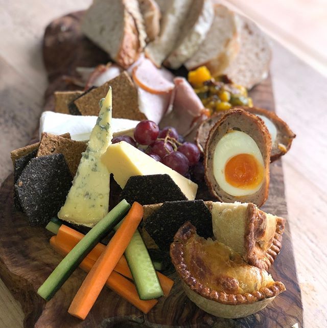 THE BRITISH BOARD with our homemade scotch eggs, creamy cheese, piccalilli, crunchy crackers, pork pie, bread, roast ham, pickles &amp; much more.  #sharingboards #britishboard #bread #sextonsbread #winebar #winebarlymm #lymm #lymmvillage #cheshirefoodies #lovefood #meatandchees…