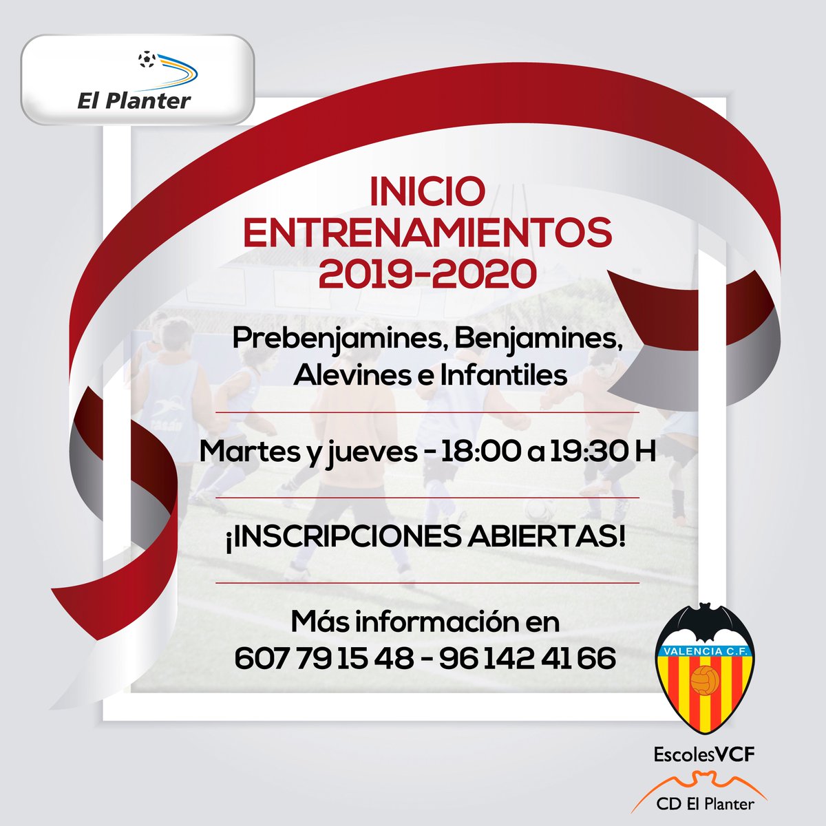 CDElPlanter's tweet photo. ⚽🏃‍♂️ ESCUELA | Este martes comenzamos con la #Pretemporada en #ElPlanterVCF. ¿Preparados? 🏆

🔴⚪ Ven a jugar a nuestro club y disfruta del fútbol bajo la metodología del @valenciacf. Si naciste entre 2006 y 2015, todavía tienes sitio en esta gran escuela 😬

#VolamosJuntos🦇 https://t.co/RnEOc0OZJ9