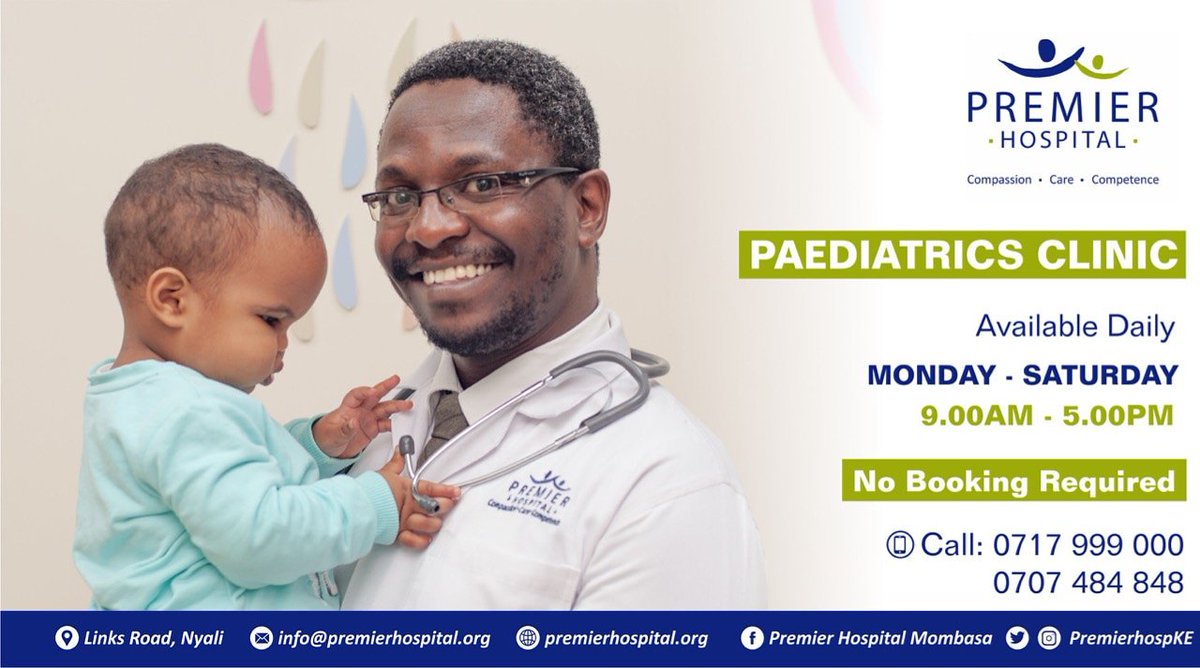 PremierHospKE's tweet photo. A few changes in our Paediatric department but same same quality Service and the smiles remain constant.
Take note of the time changes.
We look forward to seeing and serving you soon.
#CompassionCareCompetence
#TeamPremier https://t.co/lsOCCkjmRF