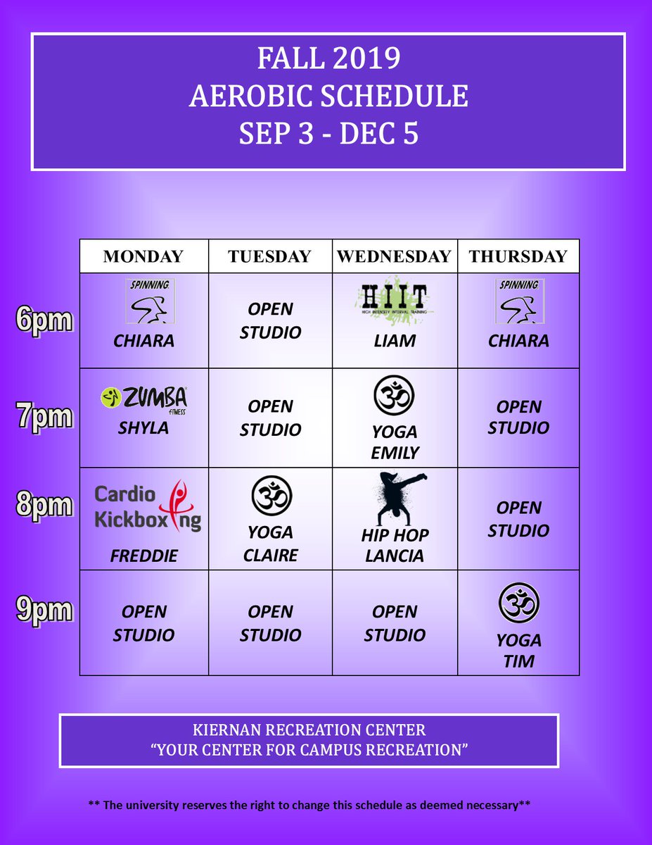 Your Fall 2019 Aerobics Schedule. Classes start this upcoming Tuesday!!