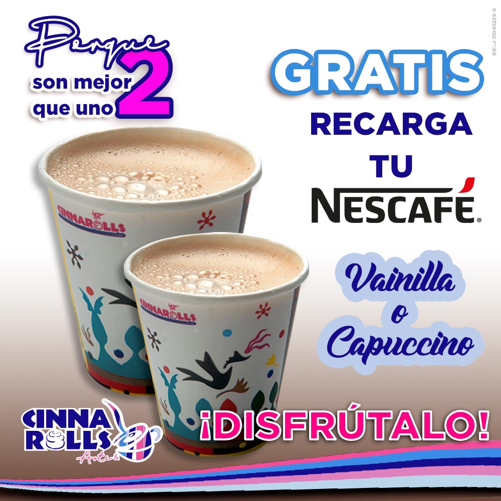 Continúa nuestra promoción en nuestras tiendas a nivel nacional.
Porque 2 son mejor que uno, recarga gratis tu vaso de nescafé gratis sabor capuccino o vainilla.
#disfrútalo
<a href="/Cinnarolls/">Cinnarolls Venezuela</a> @cinnarollsoficial