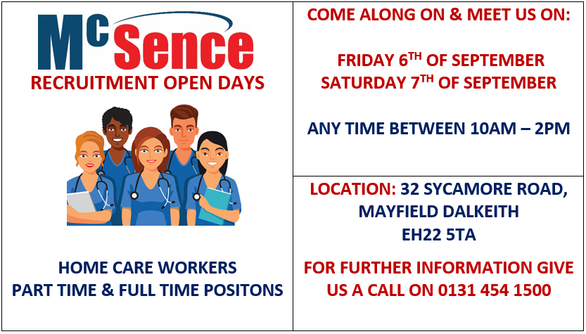 McSenceGroup's tweet photo. RECRUITMENT OPEN DAYS NEXT WEEK
McSence are currently recruiting for Home Care Workers and will be holding open days, so feel free to drop in at any time between 10am to 2pm - Friday 6th and Saturday 7th September 2019. Full &amp; Part Time Positions available.. 
Everyone is Welcome! https://t.co/3nlTwxcbQ1