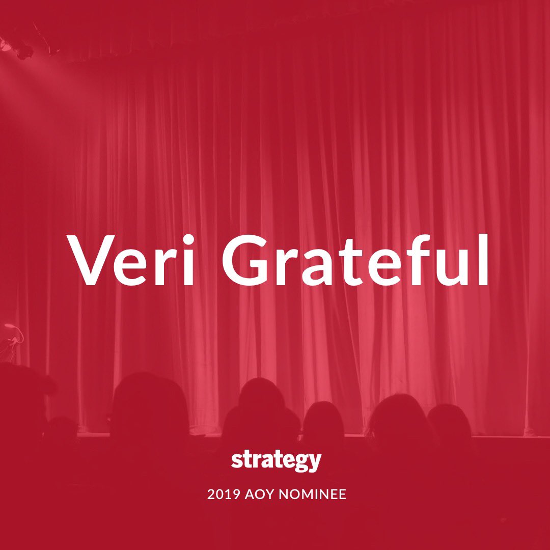 We’re nominated for PR AOY again at this year’s <a href="/StrategyOnline/">Strategy</a> Awards!
Big thanks to our hard working team, and brave-as-heck clients, we couldn’t have done it without each and every one of you.

#Strategy #AOY #VeriGrateful #ItsAnHonourJustToBeNominated