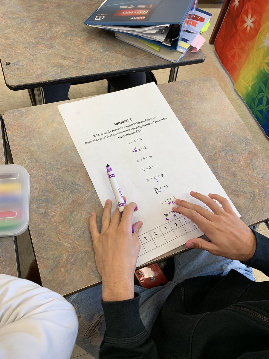 adam_dansby's tweet photo. Making the best of #HurricaneDorian Friday-solving a puzzle called What’s Sigma? S’s using finely tuned algebra skills to decode Greek letters into single digits #advancedtopics #ICthemdoingWICOR #collaboration @PBCHS_Broncos @MathSdpbc @MsButler17 @pbchsAVIDtude https://t.co/uo7u8GSn4v