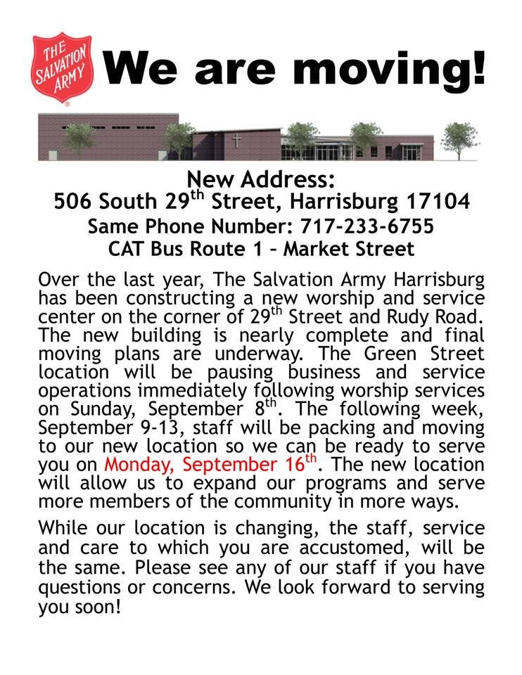 cach_pa's tweet image. The Salvation Army Harrisburg Capital City Region Will Be Pausing Services To Clients The Week Of September 9-13 So It Can Move Into Its New Building. Services to clients will resume on Monday, September 16.