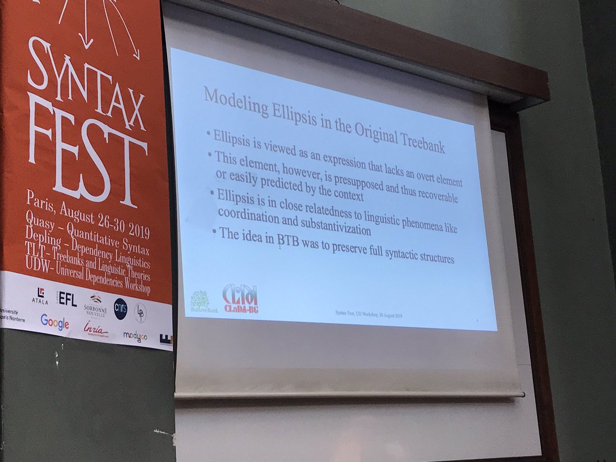 zehavoc's tweet image. #SyntaxFest2019 #UDW19 « Towards transferring Bulgarian Sentences with Elliptical Elements to Universal Dependencies: issues and strategies » Petya Osenova and Kiril Simov.  This is the hidden hard part of parsing people..