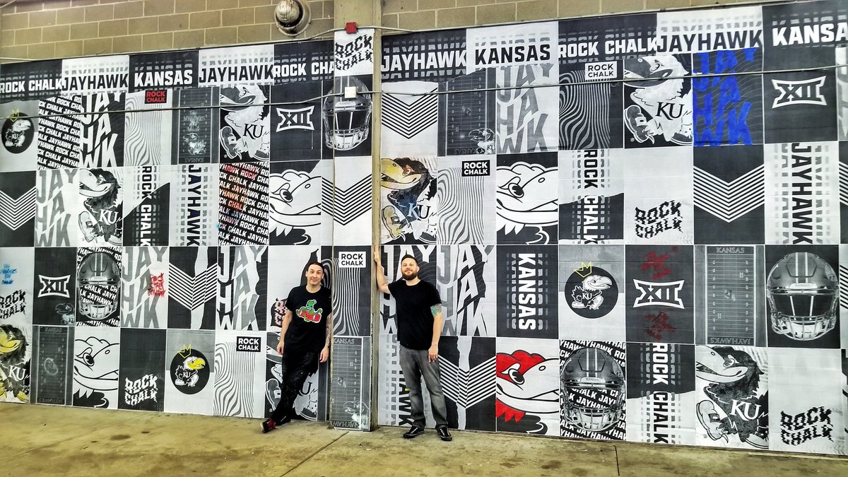 33Cult's tweet photo. @SniptART, @youkilledme1st &amp; the rest of Cult 33 would like to wish @KU_Football the best of luck tomorrow on their inaugural game of the season. It was an honor and a blast for us to visit the David Booth Kansas Memorial Stadium to get this mural done for KU, best of luck guys! https://t.co/YrssmG0bwE