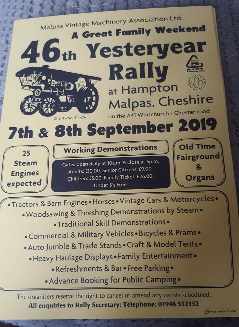 Got anything planned next weekend... 7 &amp; 8th September? Come along to the MVMA Yesteryear Rally for their 46th year! There’s lots of things to see and it’s great value too at just £10 per adult <a href="/MalpasRally/">Malpas Steam Rally</a> #Malpas #Steam #Vintage #Rally #FairOrgan