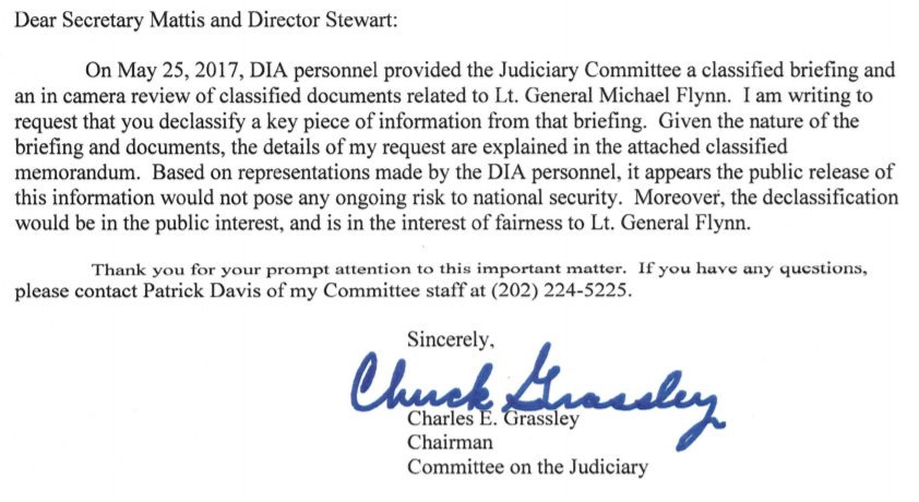 Well on May 25, 2017, a week after Mueller took the case from McCabe, the Defense Intelligence Agency provided a briefing to Senator Grassley about the classified reason to let Flynn go! Not declassified and McCabe & the coup plotters would not learn about it until this letter!