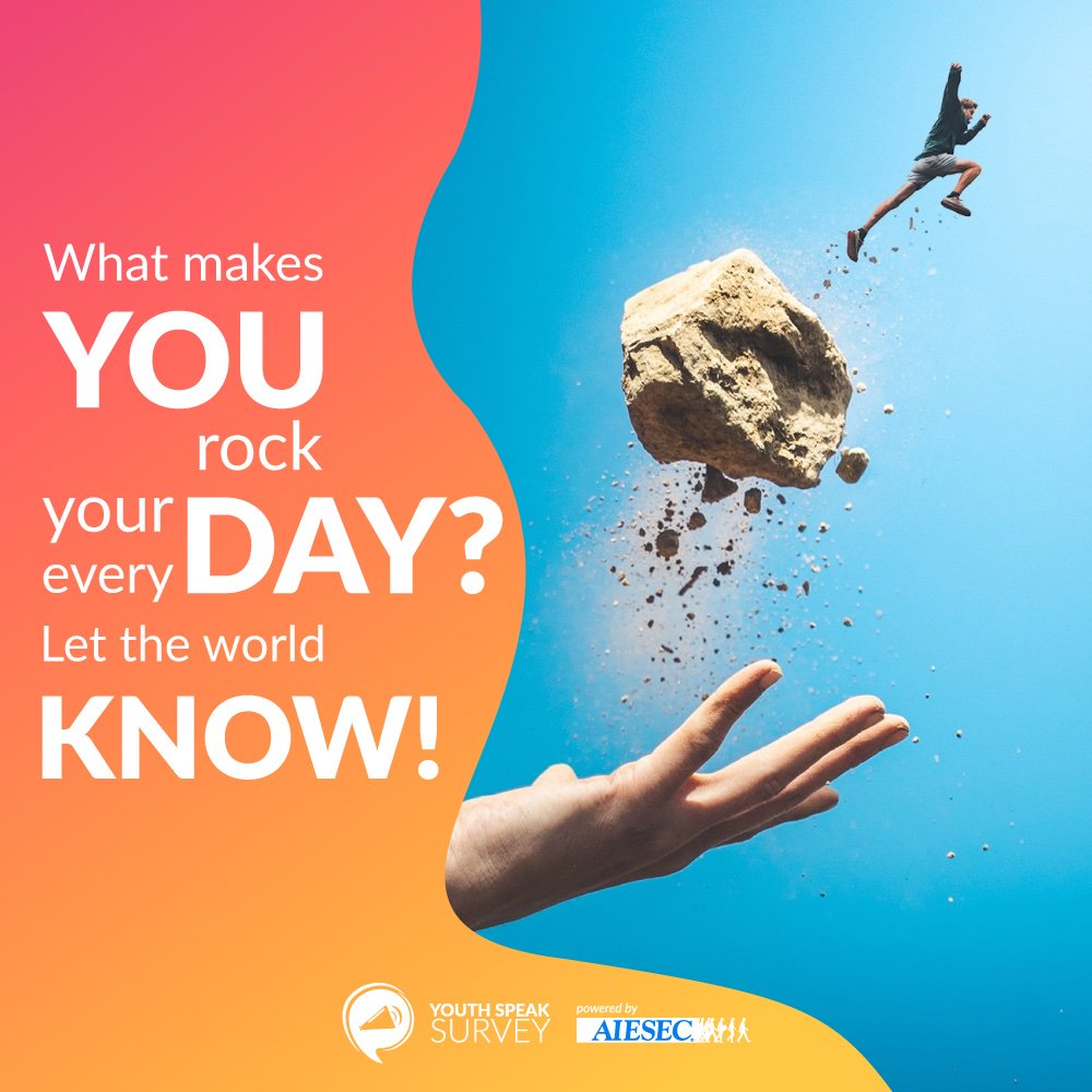 AIESEC's tweet photo. Keeping yourself motivated is really important, but we want to know how you do it?
Let us know by filling out the YouthSpeak Survey: https://t.co/Ix6vYH6OfY
#AIESEC #YouthSpeak #YOUthMatter https://t.co/USW6zL9r5l