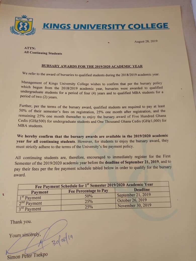 KingsUni_SRC's tweet photo. THE STUDENTS' REPRESENTATIVE COUNCIL
KINGS UNIVERSITY COLLEGE 
Date:30th August 2019
 TOPIC.BURSARY AWARDS FOR  2019/2020
The SRC through this communique wishes to inform the general students body on the latest update on the University Bursary Awards for the 2019/2020AcademicYear https://t.co/Ghe0Q9m64L
