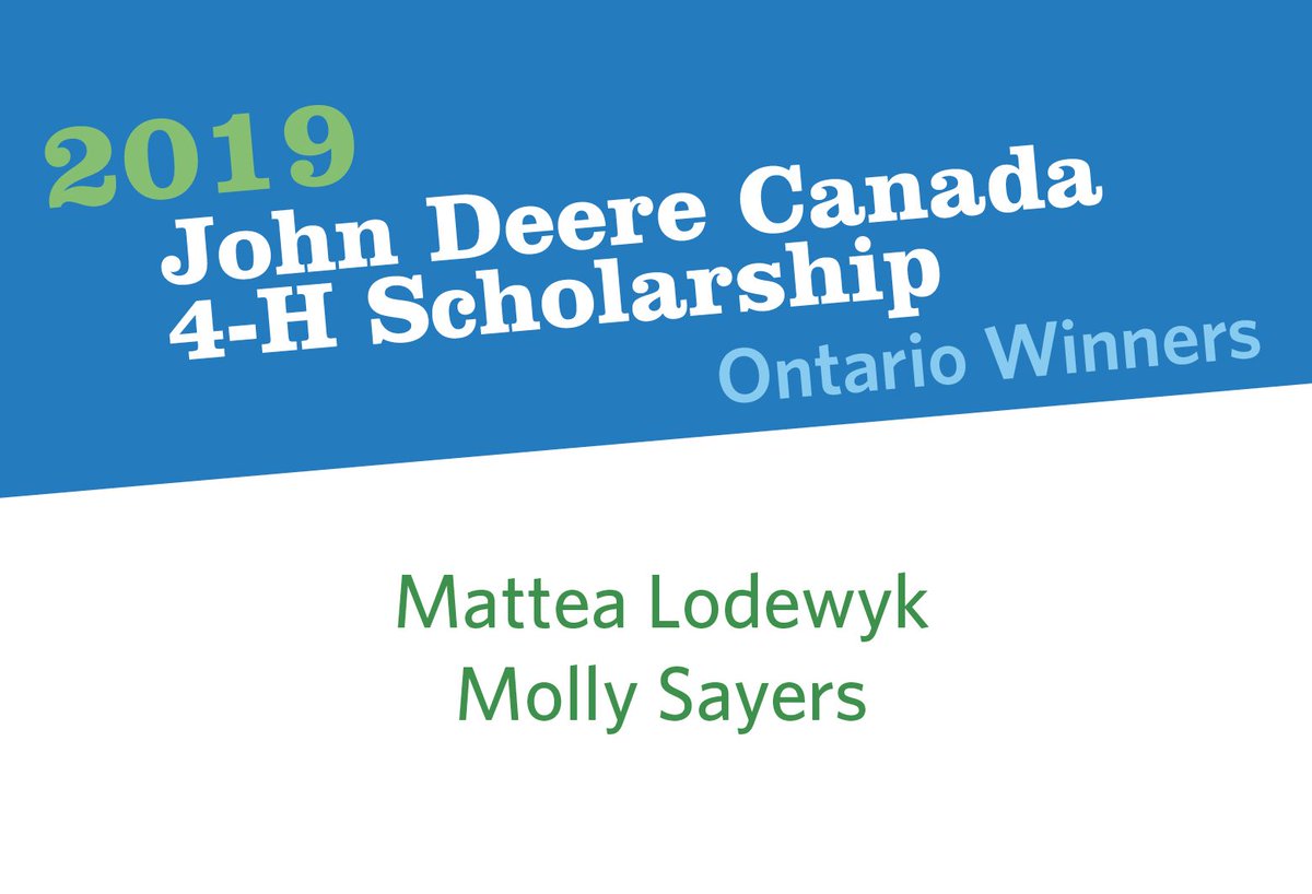 4HOntario's tweet photo. Congratulations to all the winners of the John Deere Canada 4-H Scholarship! Join us in celebrating our two Ontario winners- Mattea Lodewyk and Molly Sayers! @4HCanada #4His4me #4Hforever #4Hyouth #scholarship #postsecondary #education https://t.co/zxDbyLYie1