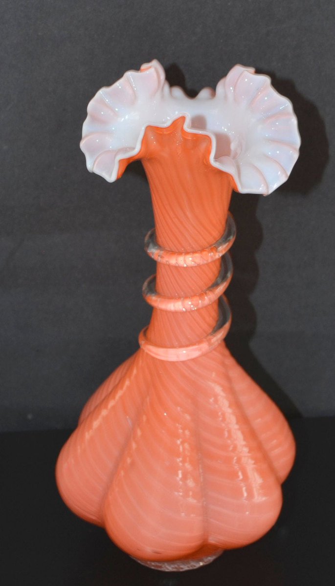 Antique Victorian Cased Glass Vase Melon Shape Ruffled Rim Applied Rigaree Webb Pairpoint Stevens Williams Period Glass etsy.me/2UorLUU #housewares #vase #artglassvase #artnouveauglass #victorianglass #victoriandecor #casedglassvase #webbvase #stevenswilliams