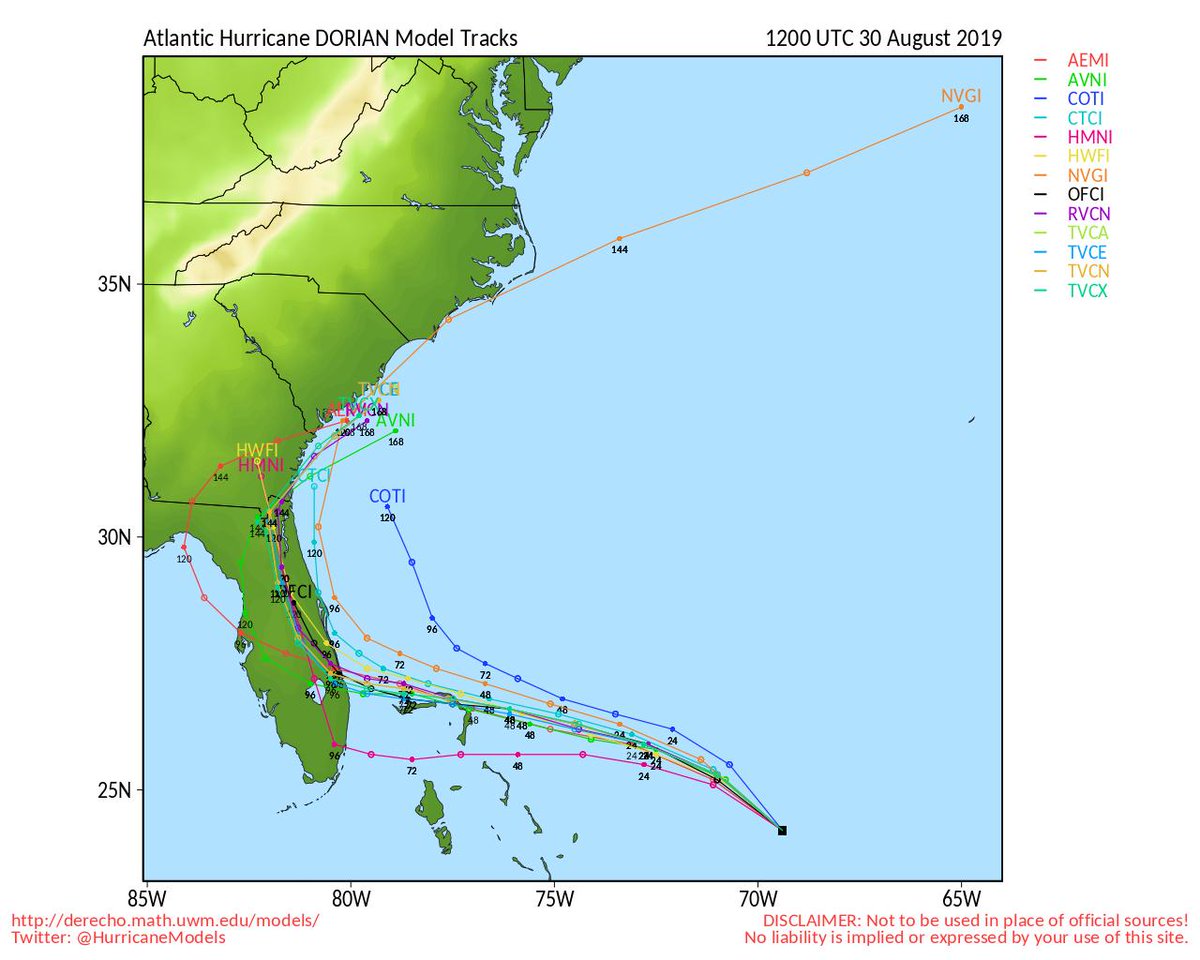 collinsweather's tweet photo. New morning tracks only GFS still west other dynamical models track #Dorian up the St. Johns Wednesday https://t.co/5hDyAtly4h