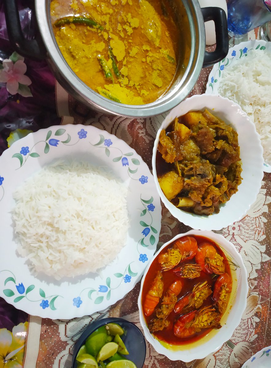 107. Bhapa Ilish, Prawn Malaikari, Mutton Kosha, Basmati Rice. Special Lunch Today!!  @retheeshraj10  @Tinni_Aphrodite  @In2867Muk  @midhatkidwai  @DwaipayanM