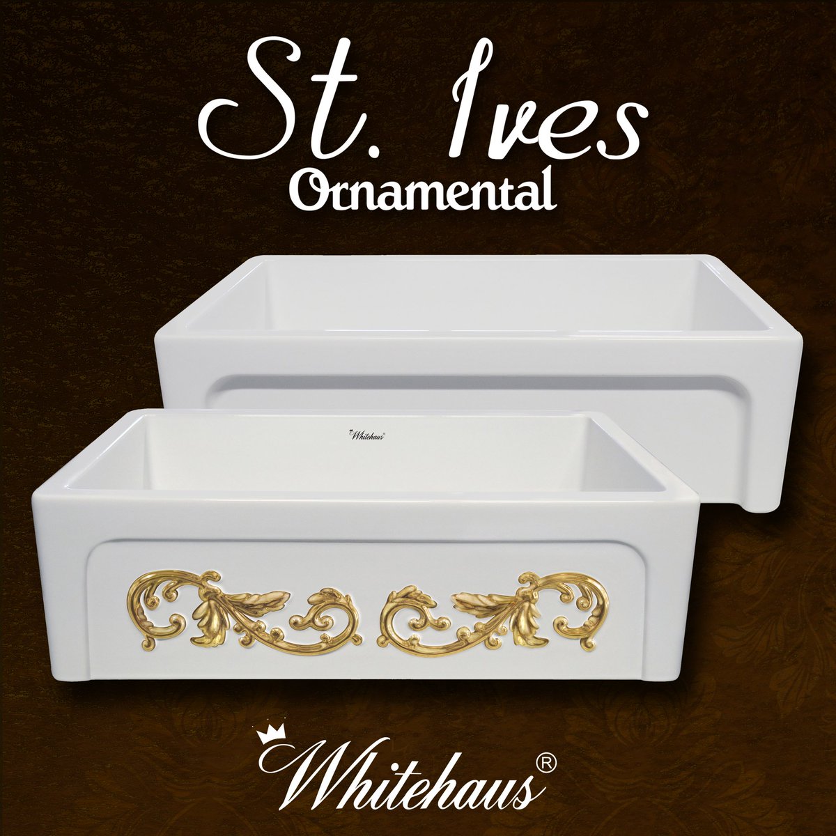 The St. Ives Ornamental (WHSIV3333OR) is an amazing 33" single bowl reversible front apron fireclay sink with a unique embossed vine design highlighted on gold with a beveled front apron on the opposite side. Available in gold and platinum. 
whitehauscollection.com/product/whsiv3…