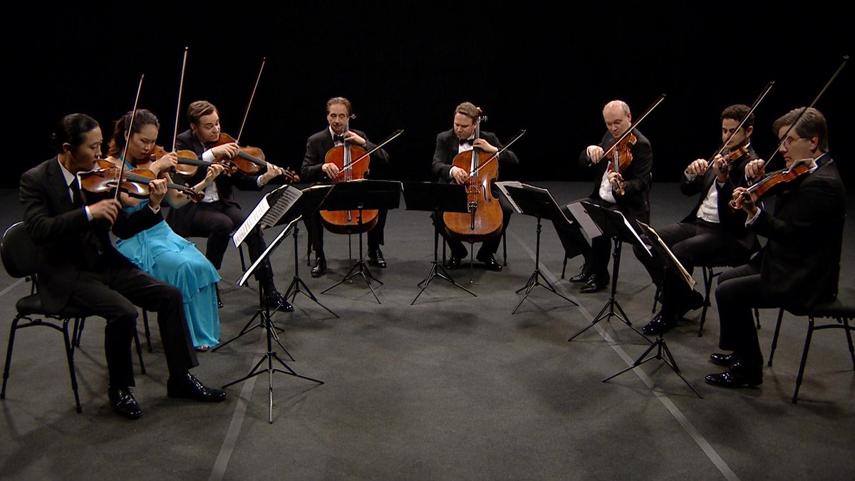 SeanLeeViolin's tweet photo. One week until Live from @LincolnCenter "Odyssey: The Chamber Music Society in Greece" airs on @PBS! Pictured here with @chambermusic artists, performing the Mendelssohn Octet @SNForg in Athens. I'm so honored to have taken part in this filming! https://t.co/QrDqximEj1