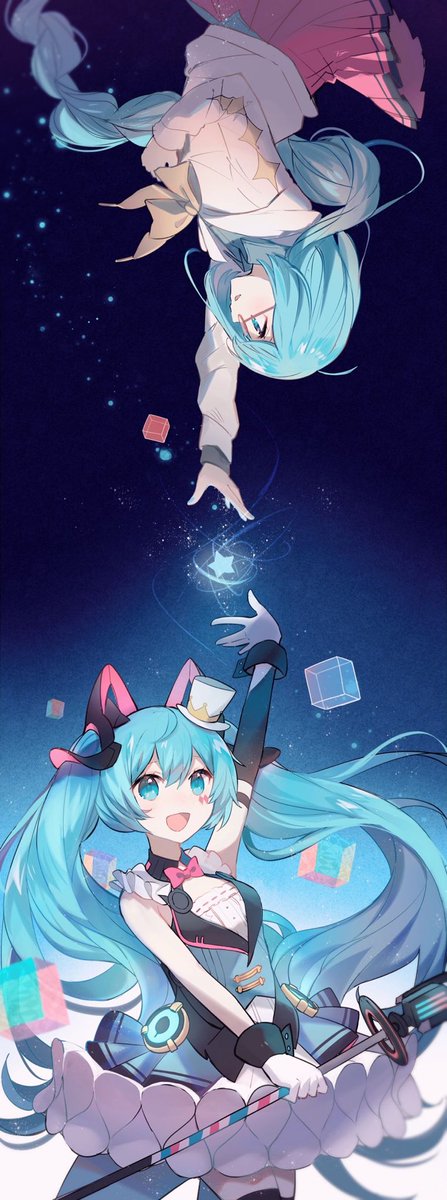 hatsune miku ,magical mirai miku cube holding wand long hair wand multiple girls 2girls dual persona  illustration images