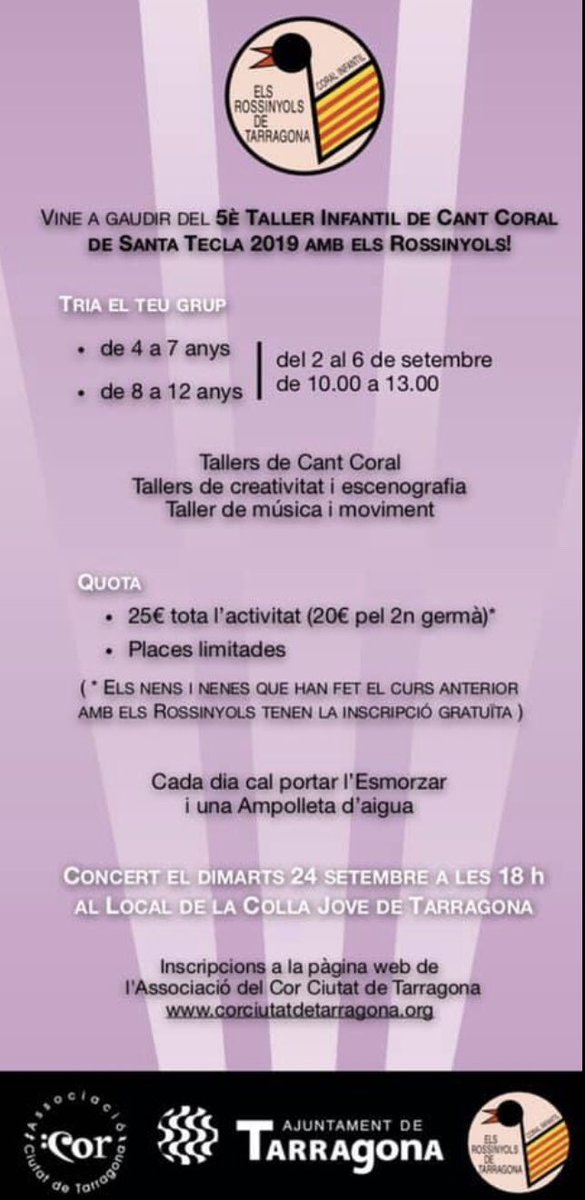 InfantilCor's tweet photo. LAST CALL!! 🔊 Dilluns comencem els tallers, i ja tenim les places quasi plenes!! Els que sou d’última hora, no badeu!! 🎵 @CORCIUTATDETGN @TGNAjuntament @TGNcultura @SantateclaTGN @holatarragona https://t.co/X8rxHCTikD