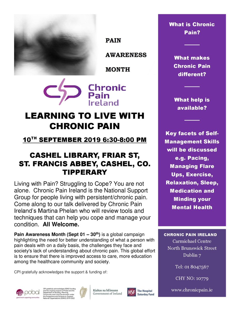We're in Cashel Library 10/09/19  at 6:30 p.m. for free talk Learning to Live with #chronicpain. Pacing, managing flare-ups, improving sleep, relaxation techniques &amp; much more.  All welcome #PAM2019 #PainAwarenessMonth
