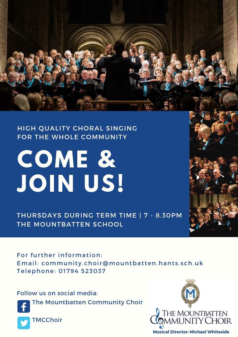 We’re recruiting new members in all voice parts this term! Come and join us for a free taster rehearsal on Thursday 5 September in the Main Hall at The Mountbatten School where you’ll be sure to receive a warm welcome 🎶 😀 🎤