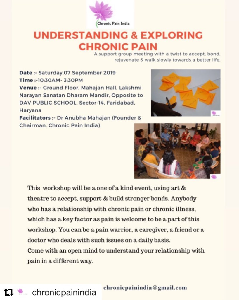 chronicpainind's tweet photo. #Workshop in #Faridabad.
Please join in if you have a relationship with #ChronicPain or #chronicillness. Patient / Caregiver/ doctor join us to understand & explore Chronic Pain.
PS: It's a free workshop, RSVP is compulsory.
Kindly RSVP at - chronicpainindia@gmail.com https://t.co/7e2kCVrQrh