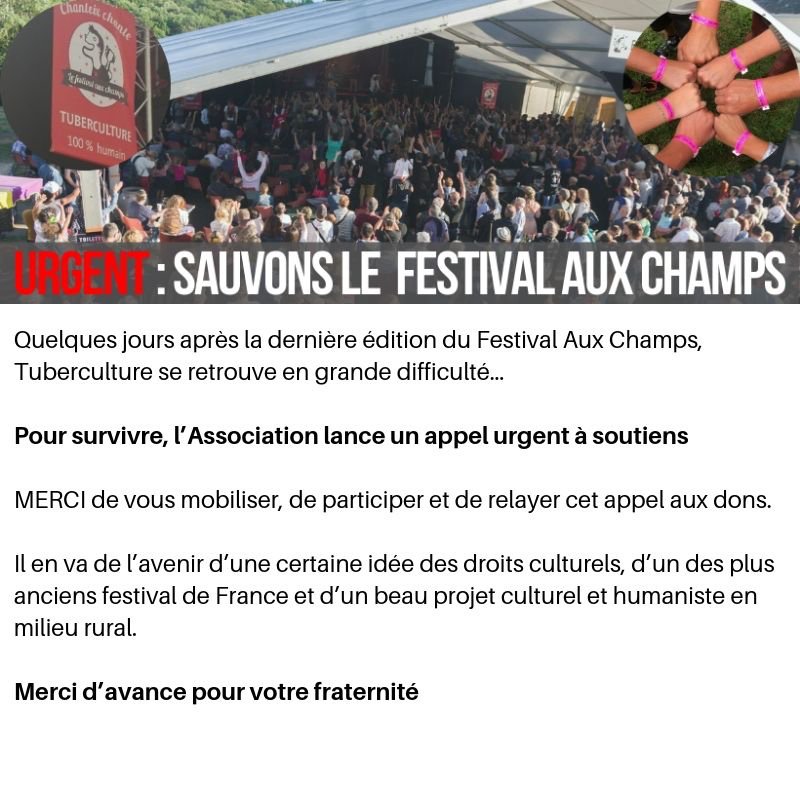 Public, artistes, intermittents, bénévoles, sympathisants, MERCI de vous mobiliser, de participer et de relayer notre appel aux dons.

Pour donner : tuberculture.fr