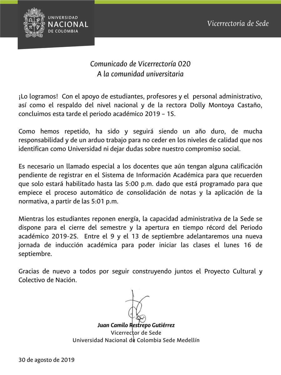 MedellinUNAL's tweet photo. ¡Lo logramos! Gracias #ComunidadUNAL por tu compromiso y esfuerzo para culminar con éxito el primer periodo académico de 2019. #DocenteUNAL recuerda que hasta las 5:00 p.m. podrás registrar las notas en el Sistema de Información Académica. #Comunicado020 https://t.co/s8ZO8rU9D2
