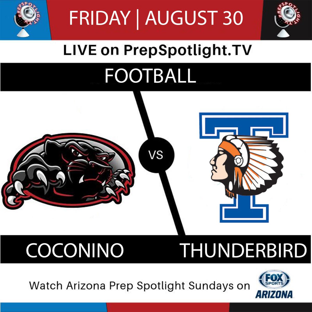 Good morning! It's High School Football Friday! Coconino descends into the valley!

🏈: Coconino vs. Thunderbird
📺: PrepSpotlight.TV/AIA
⌚️: 7PM
🎙️: @CWCadeau &amp; <a href="/ethan_jordan9/">Ethan Jordan</a> 

Can't make it to the game? We have you covered! Tune in for play-by-play coverage in HD for Free!