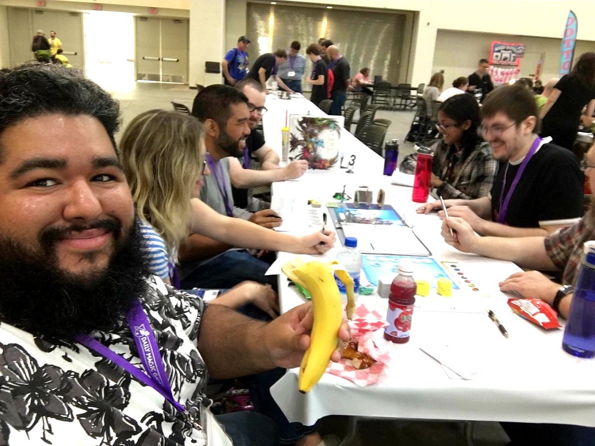 PlaidHatGames's tweet photo. Designer @IsaacsAshes loading up on potassium while showing off his new #CrossroadsGame at @GrandConGC! 
#vitamins #boardgames https://t.co/OtUAkQKEPu