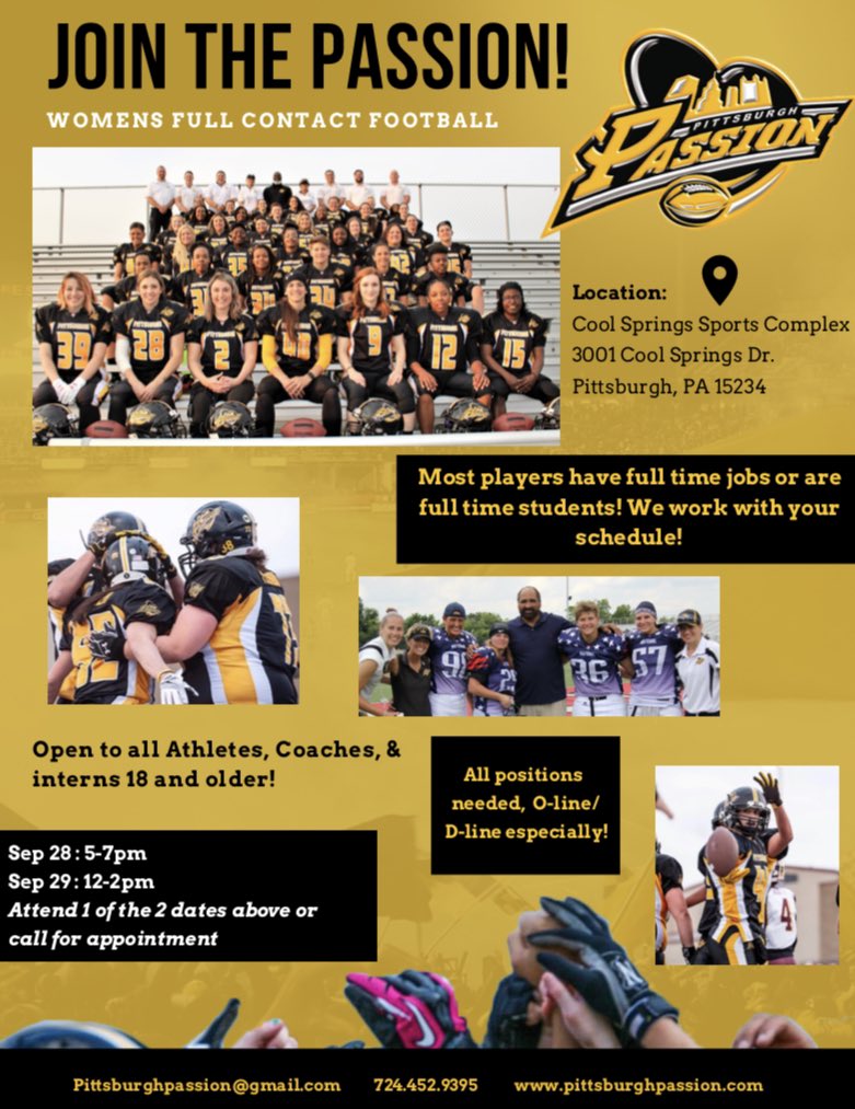 pghpassionFB's tweet photo. We are looking for players (18+) for our 2020 season. No prior football experience necessary! Tryouts will be September 28 from 5-7PM and Sept 28 from 12-2PM at the Cool Springs Sports Complex. See you there! https://t.co/aVfIcoRy6n