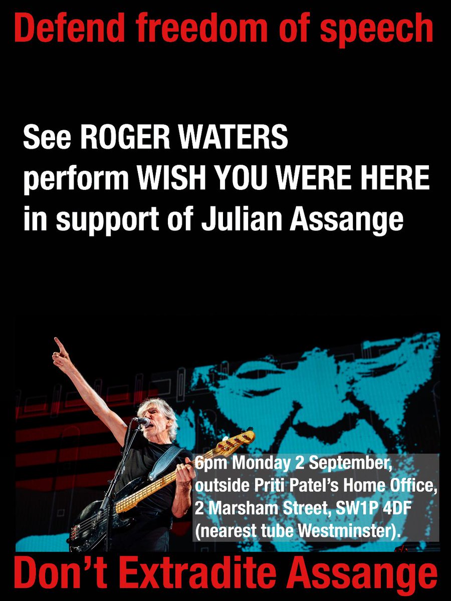 johnpilger's tweet photo. On Monday, 3 Sept, Roger Waters of Pink Floyd will perform his classic 'Wish You Here' for Julian #Assange outside the Home Office (interior ministry) in Marsham Street in the heart of London. I will be speaking. Join us at 6pm in solidarity with Britain's political prisoner. https://t.co/Lytg2GCZVQ