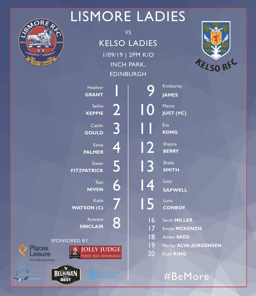 It’s time for our second squad announcement! 🏉

Debuting their brand new strips which commemorate 25 years of women’s rugby at Lismore RFC, here is your <a href="/LismoreLadies/">Lismore Ladies RFC</a> team taking on <a href="/KLRFC15/">Kelso Ladies Rugby</a> 🙌

KO is 2pm at Inch Park, come and cheer them on!

#BeMore