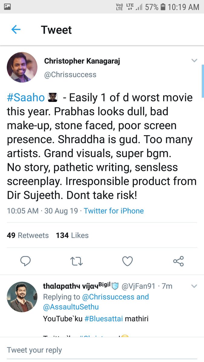 maddy1ay's tweet photo. what a reviews given by the critics
#saaho #blockbustersaaho #Saahoreview #sahoo #SaahoInCinemas #SaahoFeverEverywhere https://t.co/ONBKfQwFqx