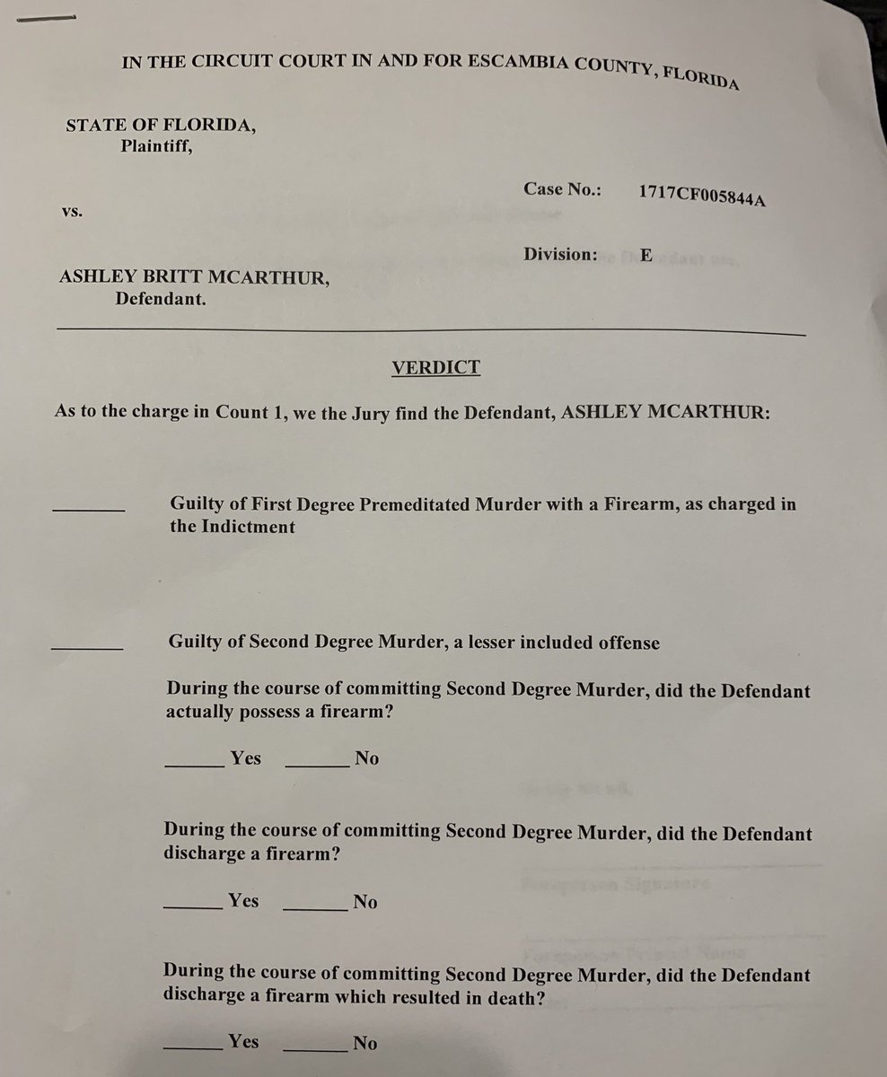 ChanleySPainter's tweet photo. Here is the Verdict Form ⬇️
#FLvMcArthur
#CourtTV
#AshleyMcArthur
#TaylorWright https://t.co/Gyc5KAUF3J