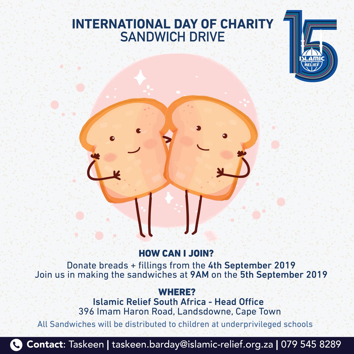 islamicreliefsa's tweet photo. Join us on the 4 September as we commemorate International Day of Charity with a Sandwich Drive 💙

For more information contact Taskeen:
079 545 8289

#islamicreliefsouthafrica #southafrica #sharethebread https://t.co/NILa6ykEjC