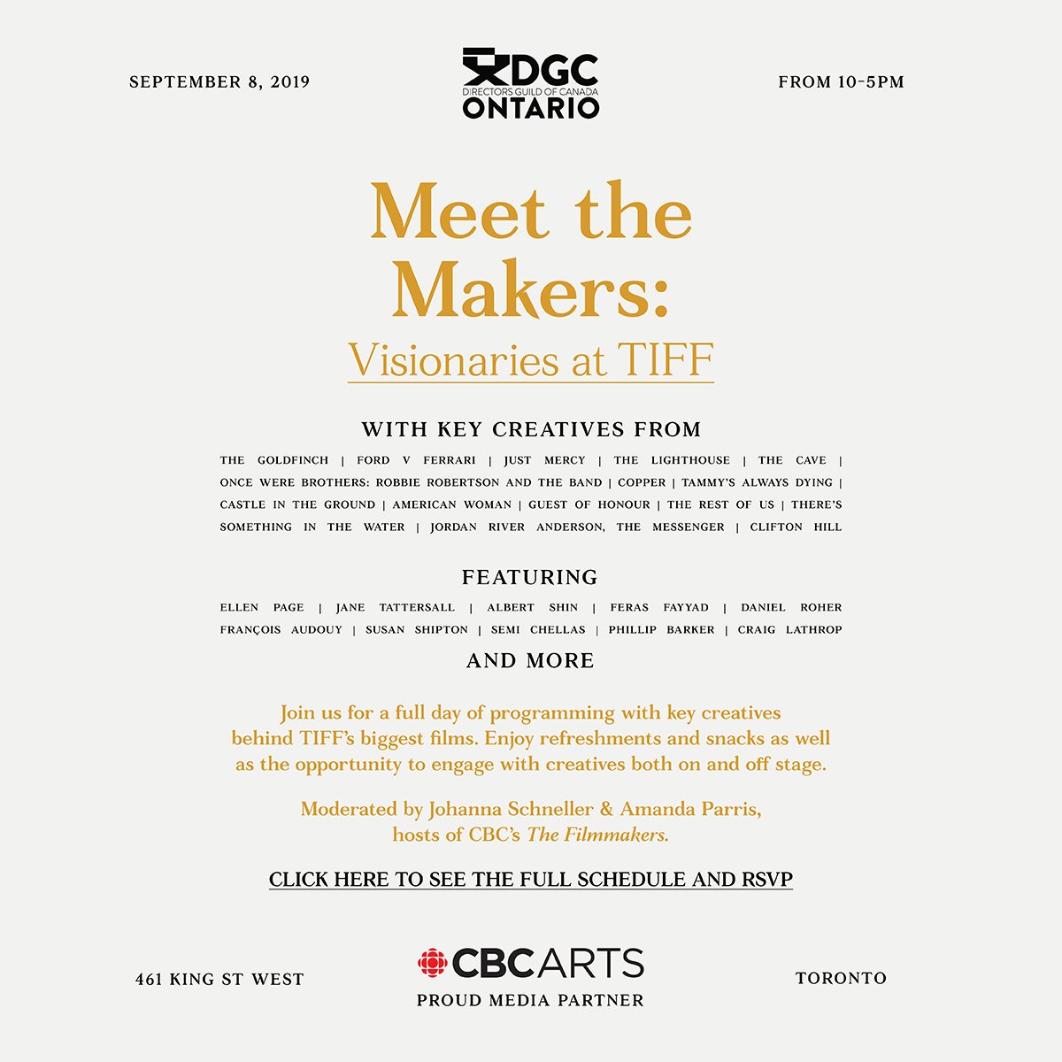 OntarioDGC's tweet photo. We are proud to announce our full programming for this year's Visionaries at @TIFF_NET 🎬🇨🇦

Come MEET THE MAKERS of #TIFF19 biggest films, lead by 
@CBC's #TheFilmmakers @amanda_parris and @JoSchneller

RSVP &amp; Full Programming👉https://t.co/kSyyizkPnp https://t.co/kkDGtSgSn5