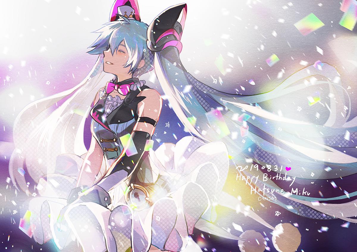 hatsune miku 1girl closed eyes long hair confetti solo twintails top hat  illustration images