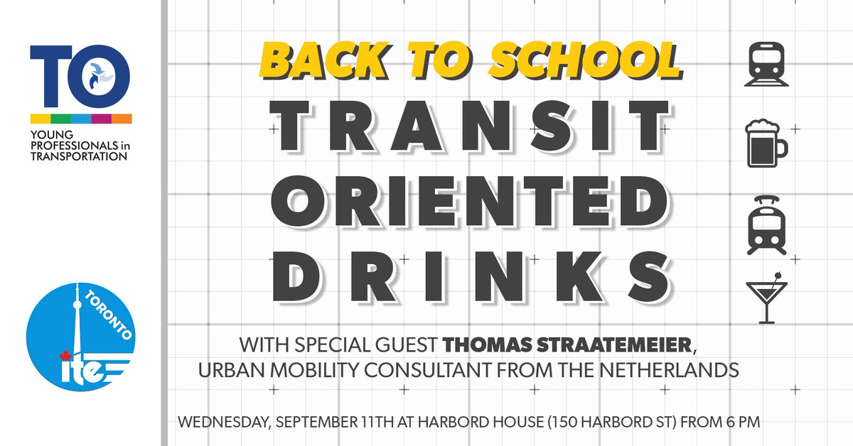 yptTO's tweet photo. Our next Transit-Oriented Drinks is happening on Sept 11th! We're excited to co-host with @ITE_Toronto! And - if you're in town for @NACTO Toronto, feel free to come drop in! All are welcome. Details: https://t.co/nevH5RMP3T
#youngprofessionalsintransportation #YPT #YPTTO https://t.co/WV8k9cbCxR