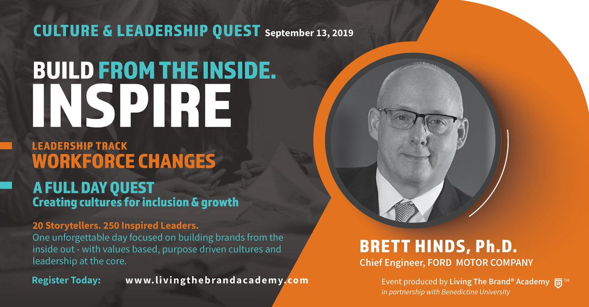 Very excited to bring Brett Hinds, Chief Engineer-Electric Power Systems, from @Ford, to CULTURE & LEADERSHIP QUEST on 9/13. Hear Brett talk about the leadership required to move the culture of a 116 year old company. Register> …shipquest19.livingthebrandacademy.com #leadership #culture #ford