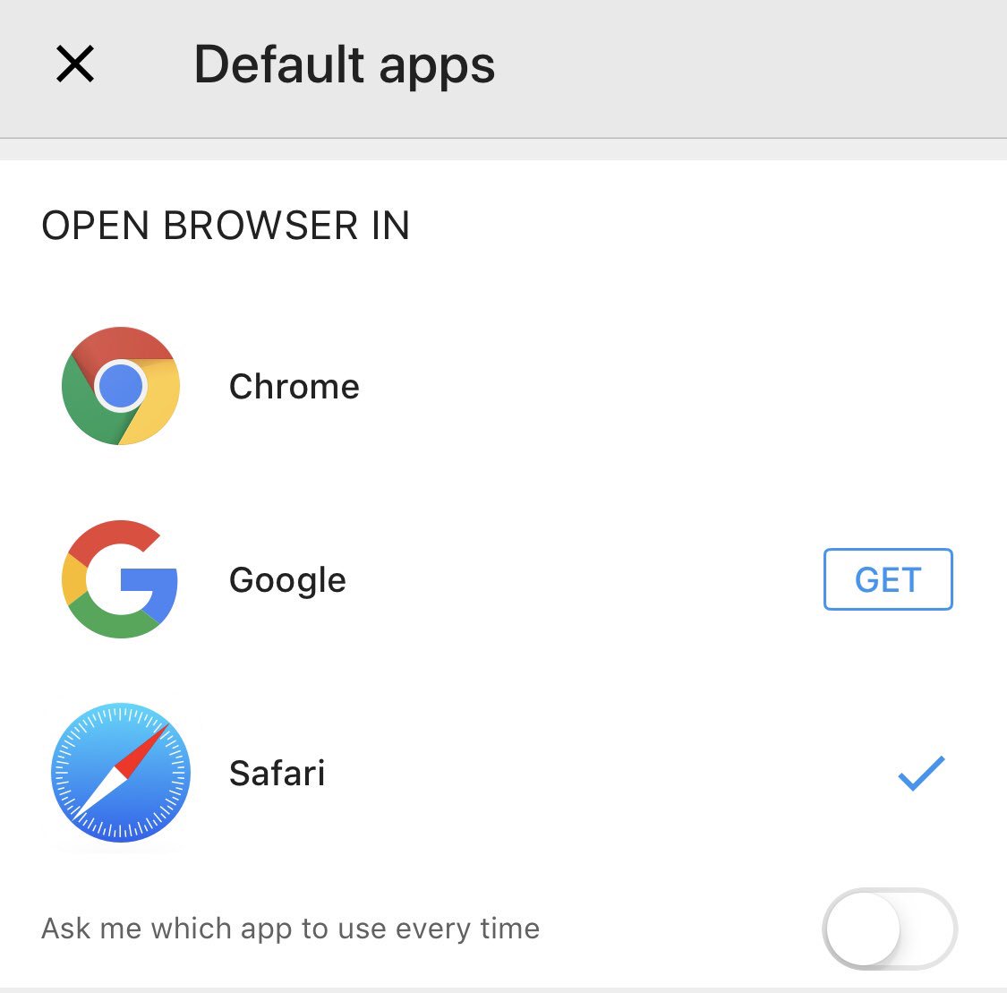 Screenshot of the GMail Default Apps setting; listing Chrome, Google (with a get/download link), and Safari (selected).