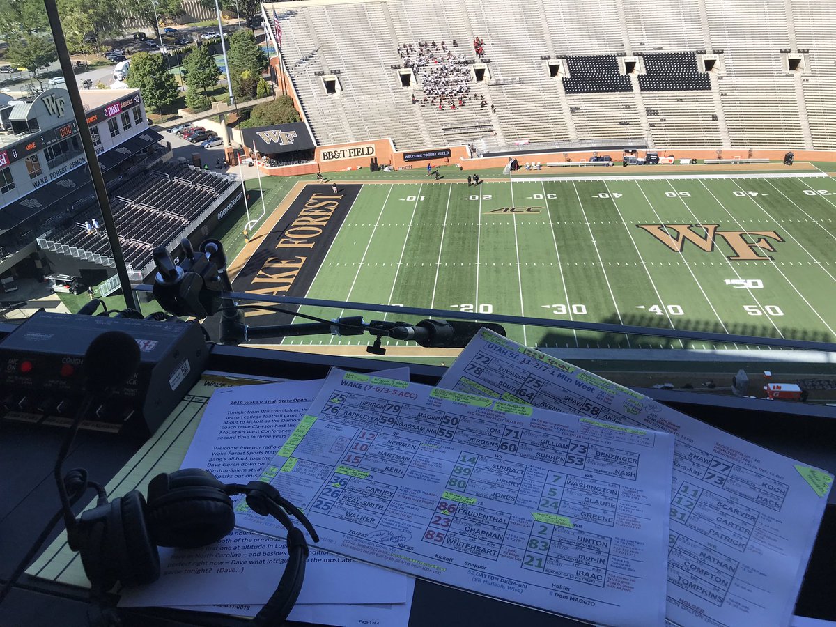 StanCottenWF's tweet photo. Set to go - season 24 of @WakeFB from our perch at #bbtfield as the Deacs open ‘19 with @USUFootball. Air 7 ET on the WF Sports Network @IMGAudio. See you tonite on the radio...
#godeacs https://t.co/ChKu2ruj1g