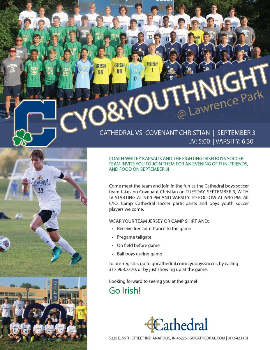 Join the <a href="/gocathedral/">Cathedral HS</a> Boys Soccer Team ⚽ 🍀Sept 3rd for CYO night! All the fun starts at 5:00 at Lawrence Park. Register at gocathedral.com/cyoboyssoccer