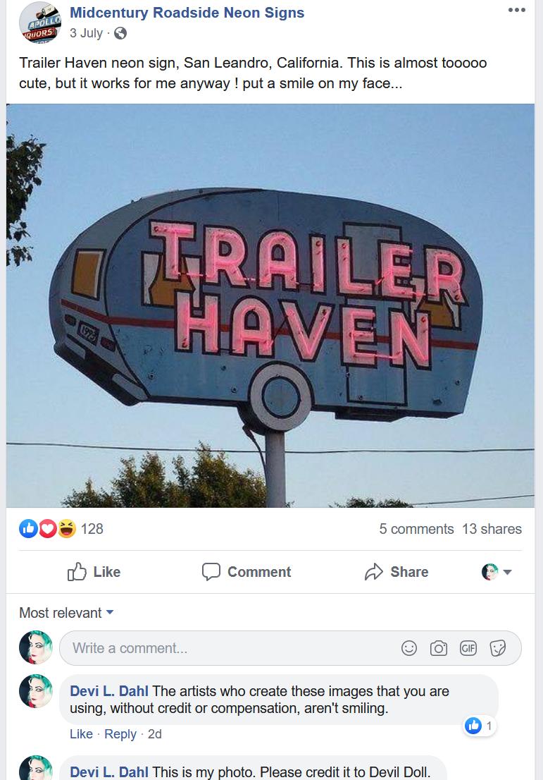RealDevilDoll's tweet photo. Midcentury Roadside Neon Signs &amp; Rockin' T-shirts FB pages are using neon sign photos without permission or photographer's credit. He is also selling t-shirts with some of these stolen images, therefore illegally profiting from intellectual property theft. Is he using yours? https://t.co/z06Nrh5Yca