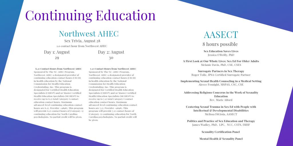 NCSEXCON's tweet photo. Our continuing education credits were sponsored by Northwest AHEC and AASECT. We thank them for supporting and strengthening our program. #NCSexCon19 https://t.co/ETRDHJsNSm
