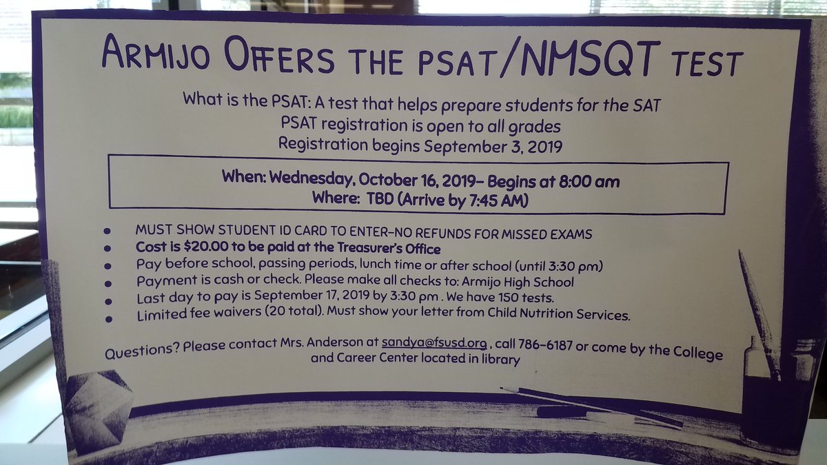 armijoccc's tweet photo. AHS offering PSAT. @CHill_AHS @ahsccclub @Armijo_ASB @ArmijoHigh @LammonJohn @SheilaB_Smith @MrBurzynski22 @KristenWitt13 https://t.co/XWt5Oz5D1G