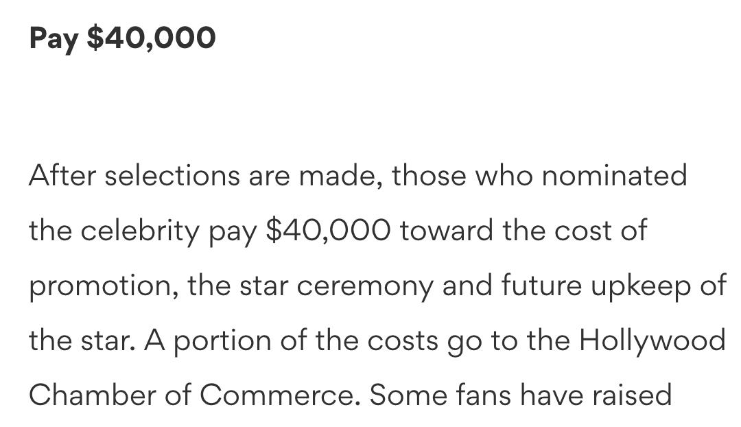 Eva_Tramell_'s tweet image. Did Ya'll know it costs $40,000 (to the person whose name will appear on it), to have a star on the walk of fame? 
You get nominated, 5 people vote on niminees, and if you are voted yes, you get the star but it costs 40 K first. 
#RandomFactOfTheDay 
So its kind of expensive.